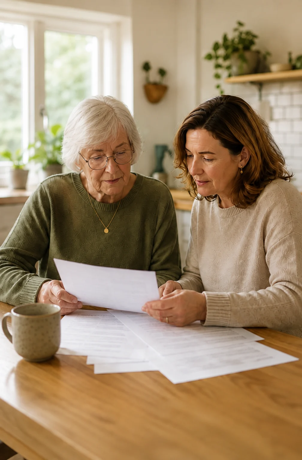 An older resident and a family member looking through paperwork together at a kitchen table.